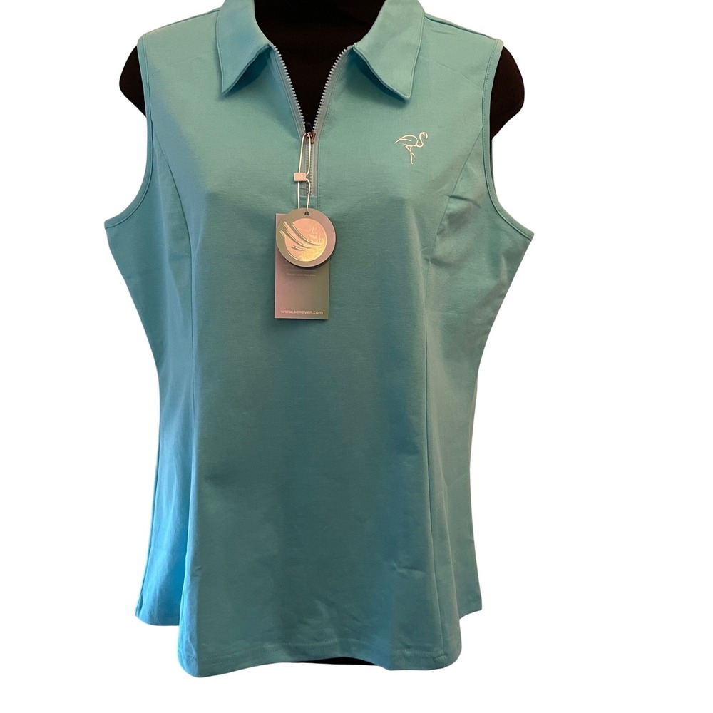 Soneven Womens Sleeveless Golf Polo Shirt Aqua Blue Flamingo Quarter Zip Large